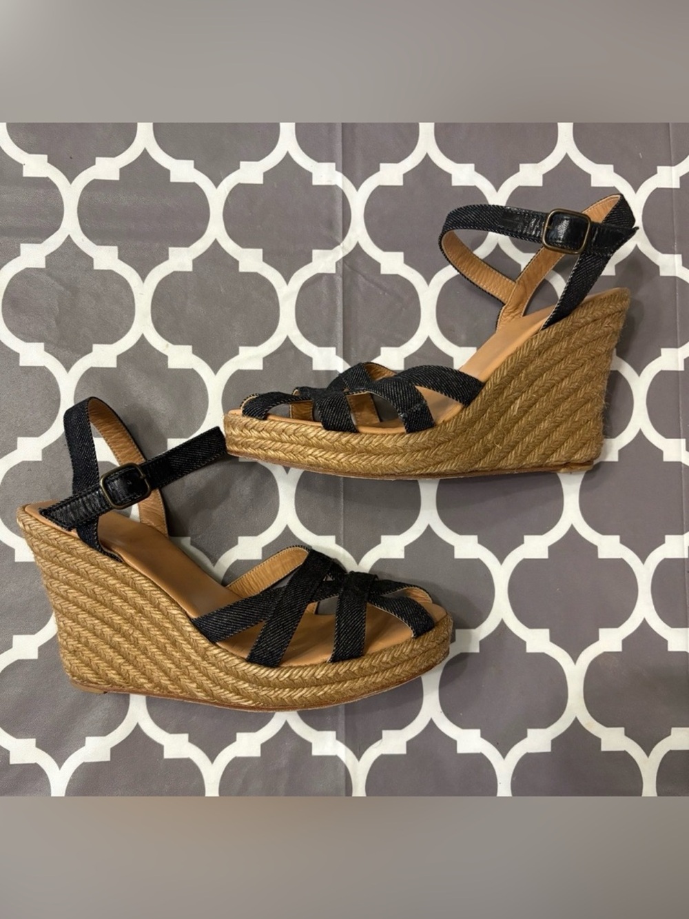 Theory Women's Espadrille Platform Wedge Denim Leather Sandals